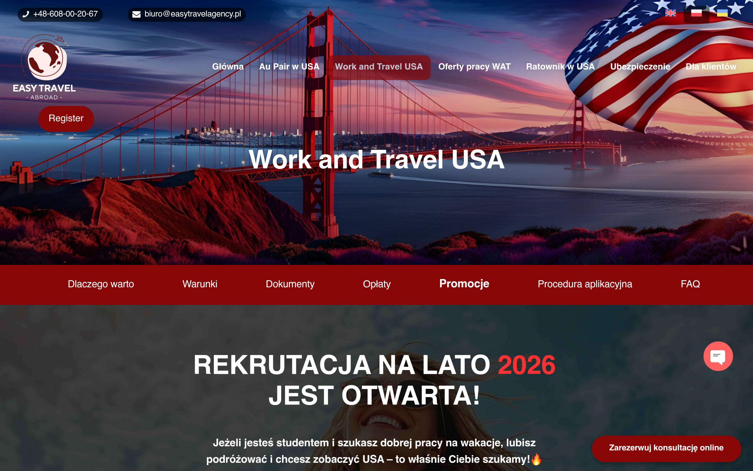 Страница Work and Travel сайта Easy Travel USA